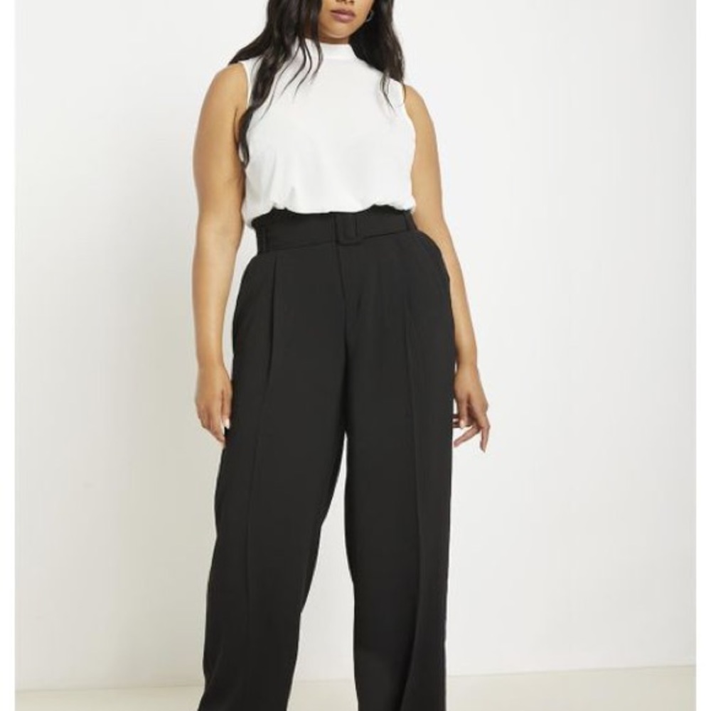 Paper bag wide leg black pants